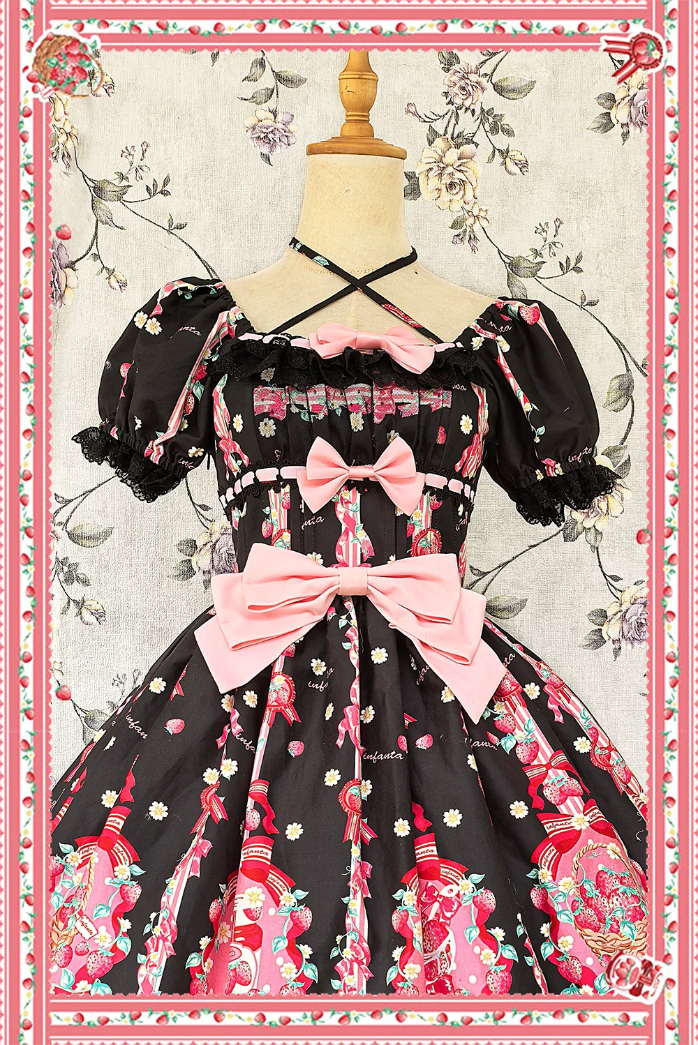 Strawberry Chef - Printed Old School Lolita Dress, Detachable Bows - Image 16