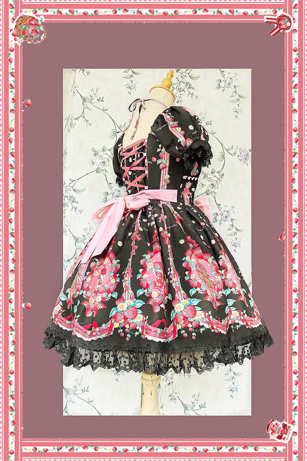 Strawberry Chef - Printed Old School Lolita Dress, Detachable Bows - Image 17