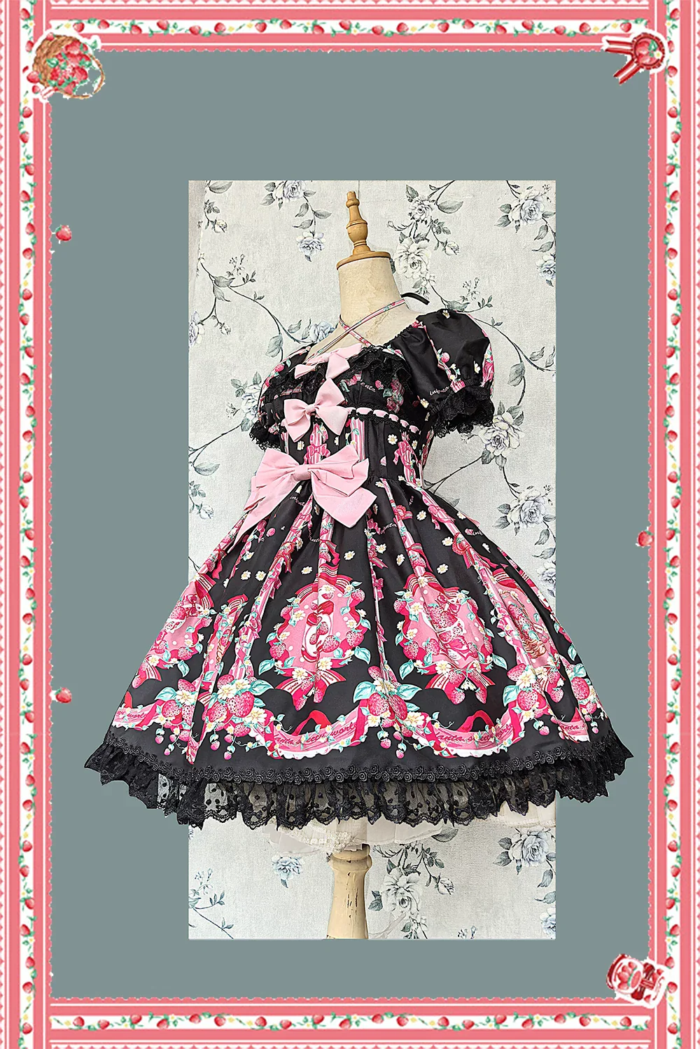 Strawberry Chef - Printed Old School Lolita Dress, Detachable Bows - Image 18