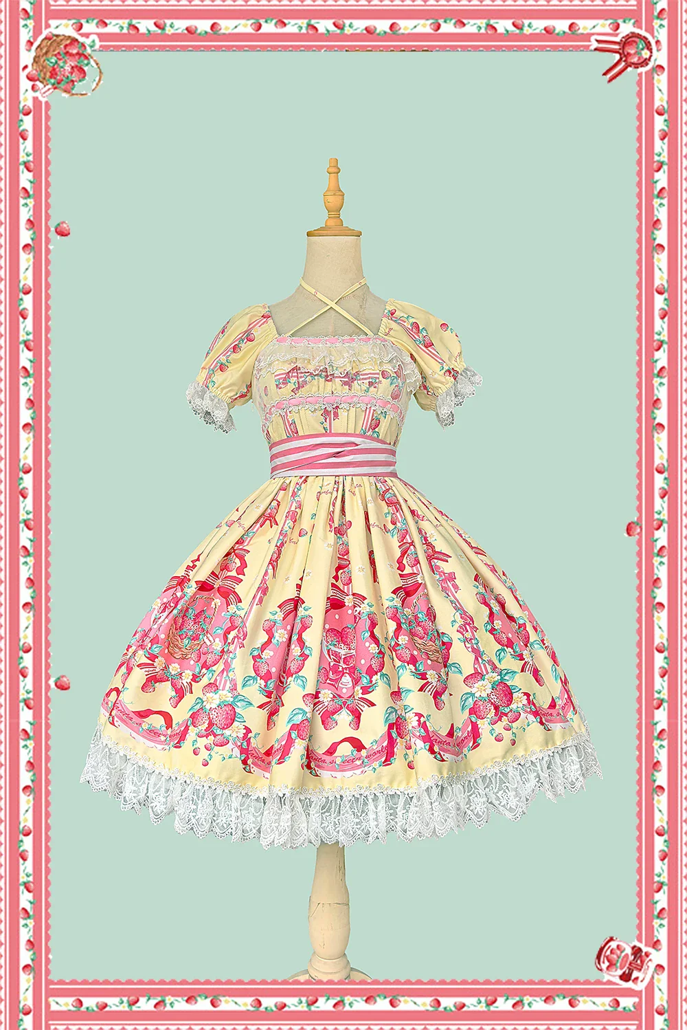 Strawberry Chef - Printed Old School Lolita Dress, Detachable Bows - Image 21