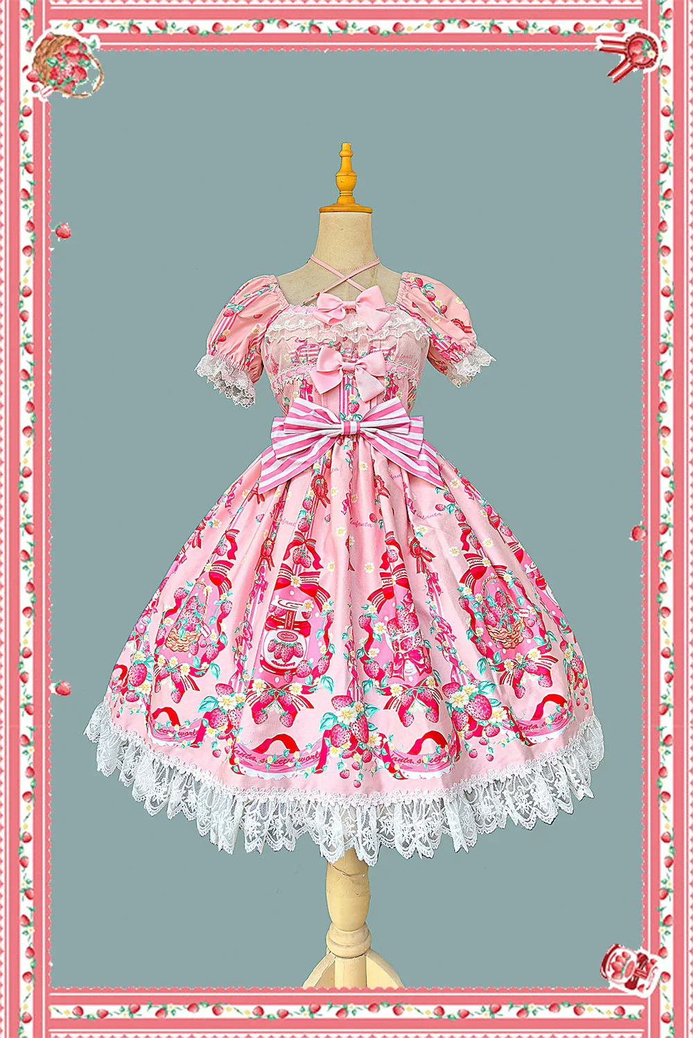 Strawberry Chef - Printed Old School Lolita Dress, Detachable Bows - Image 3
