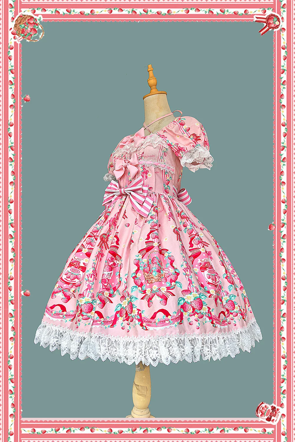 Strawberry Chef - Printed Old School Lolita Dress, Detachable Bows - Image 4