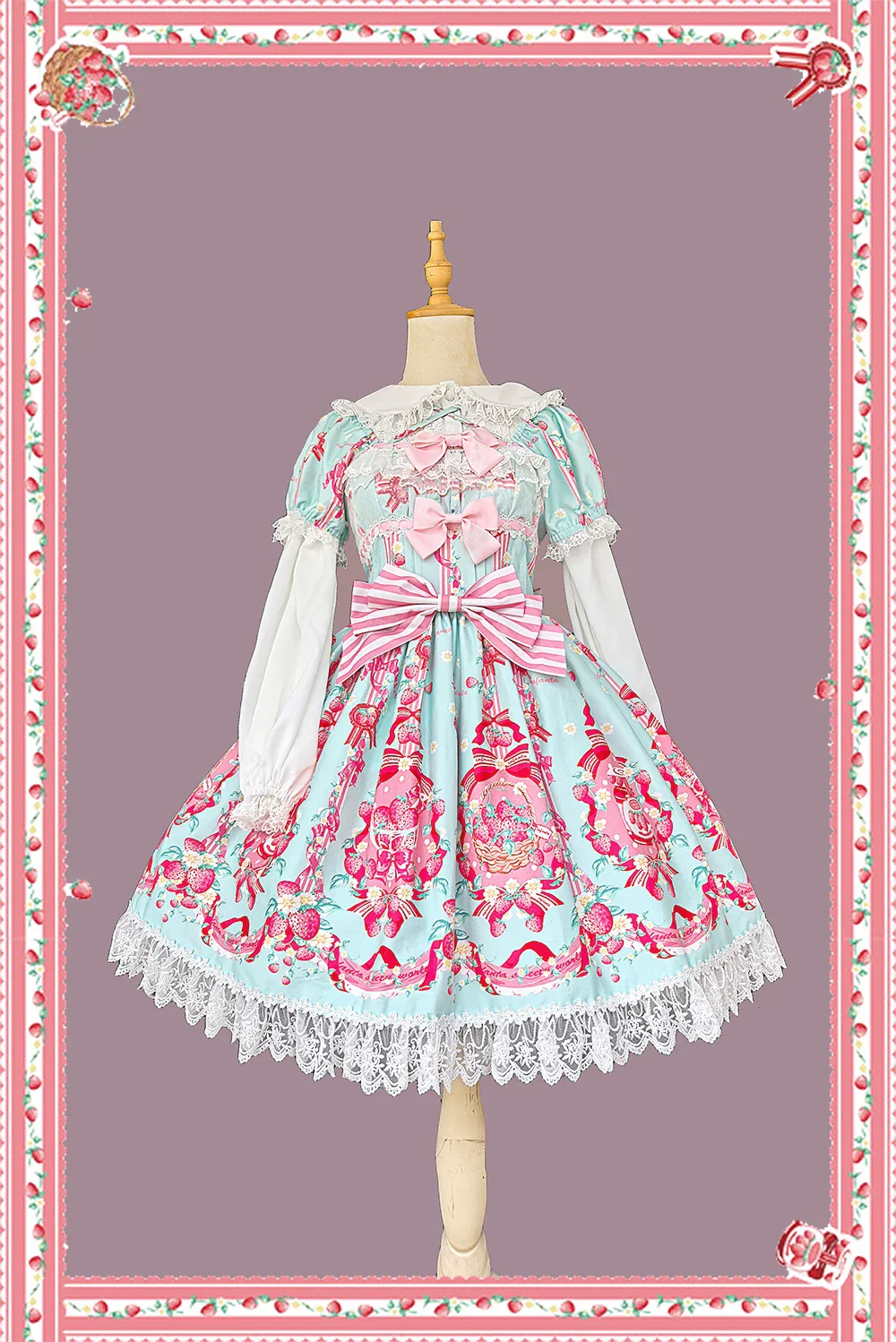Strawberry Chef - Printed Old School Lolita Dress, Detachable Bows - Image 5