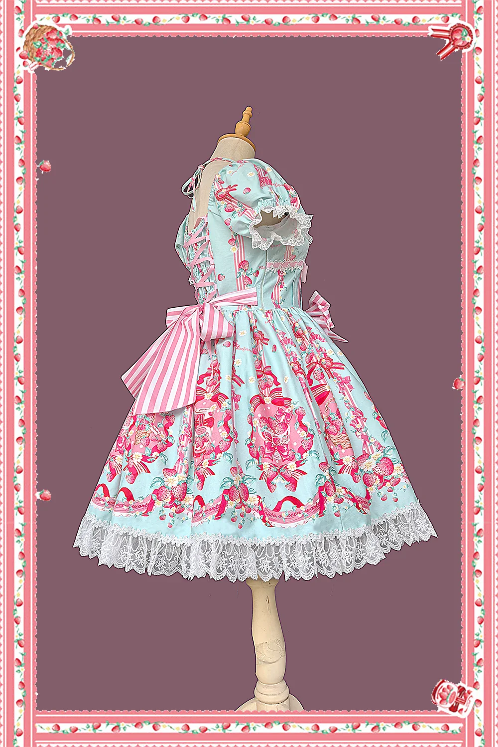 Strawberry Chef - Printed Old School Lolita Dress, Detachable Bows - Image 6