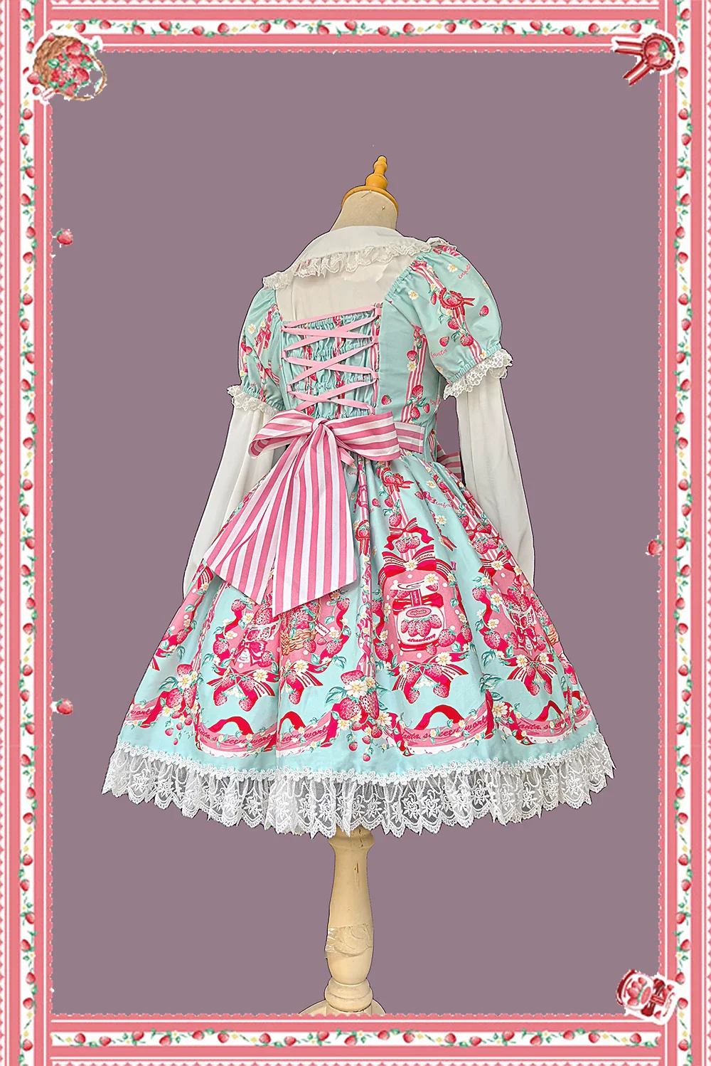 Strawberry Chef - Printed Old School Lolita Dress, Detachable Bows - Image 7