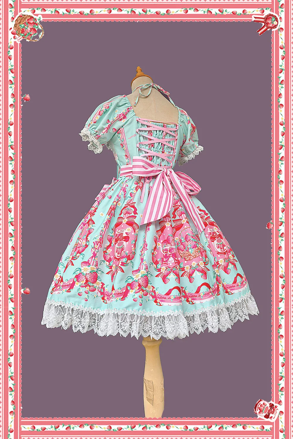 Strawberry Chef - Printed Old School Lolita Dress, Detachable Bows - Image 8
