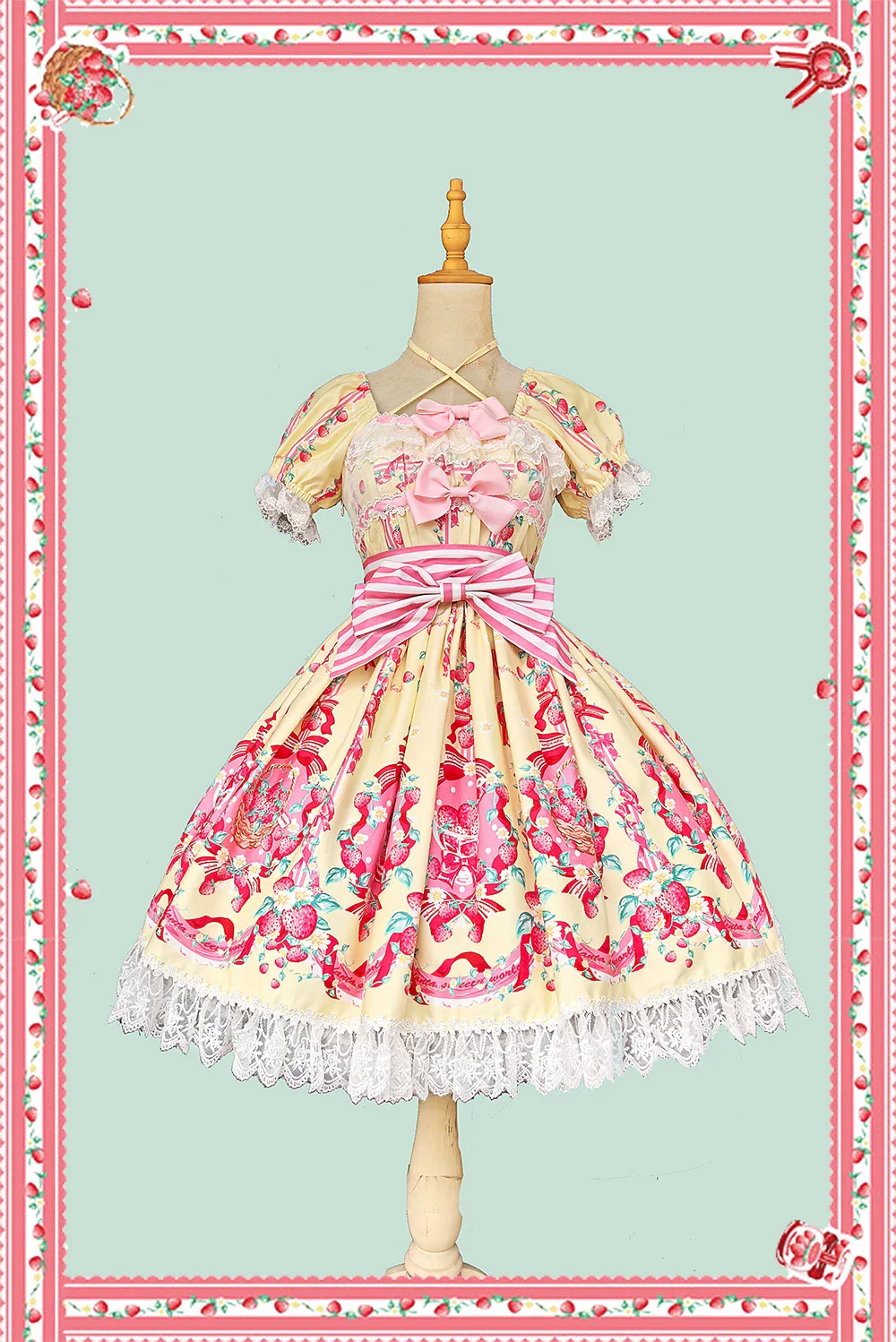 Strawberry Chef - Printed Old School Lolita Dress, Detachable Bows - Image 9