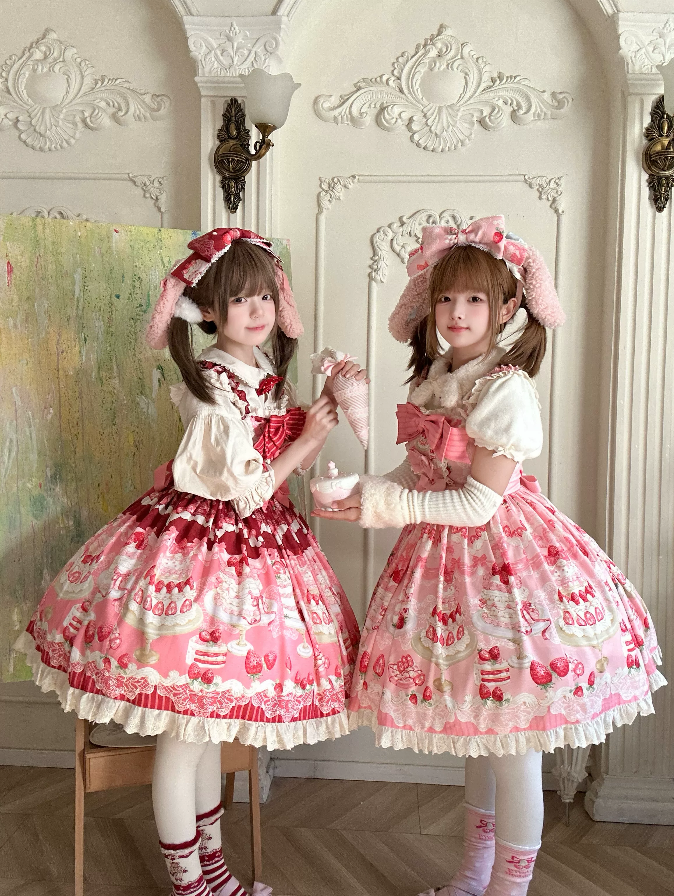 Strawberry Cake - Printed Sweet Lolita JSK Dress, Plush Bunny Ear KC - Image 3