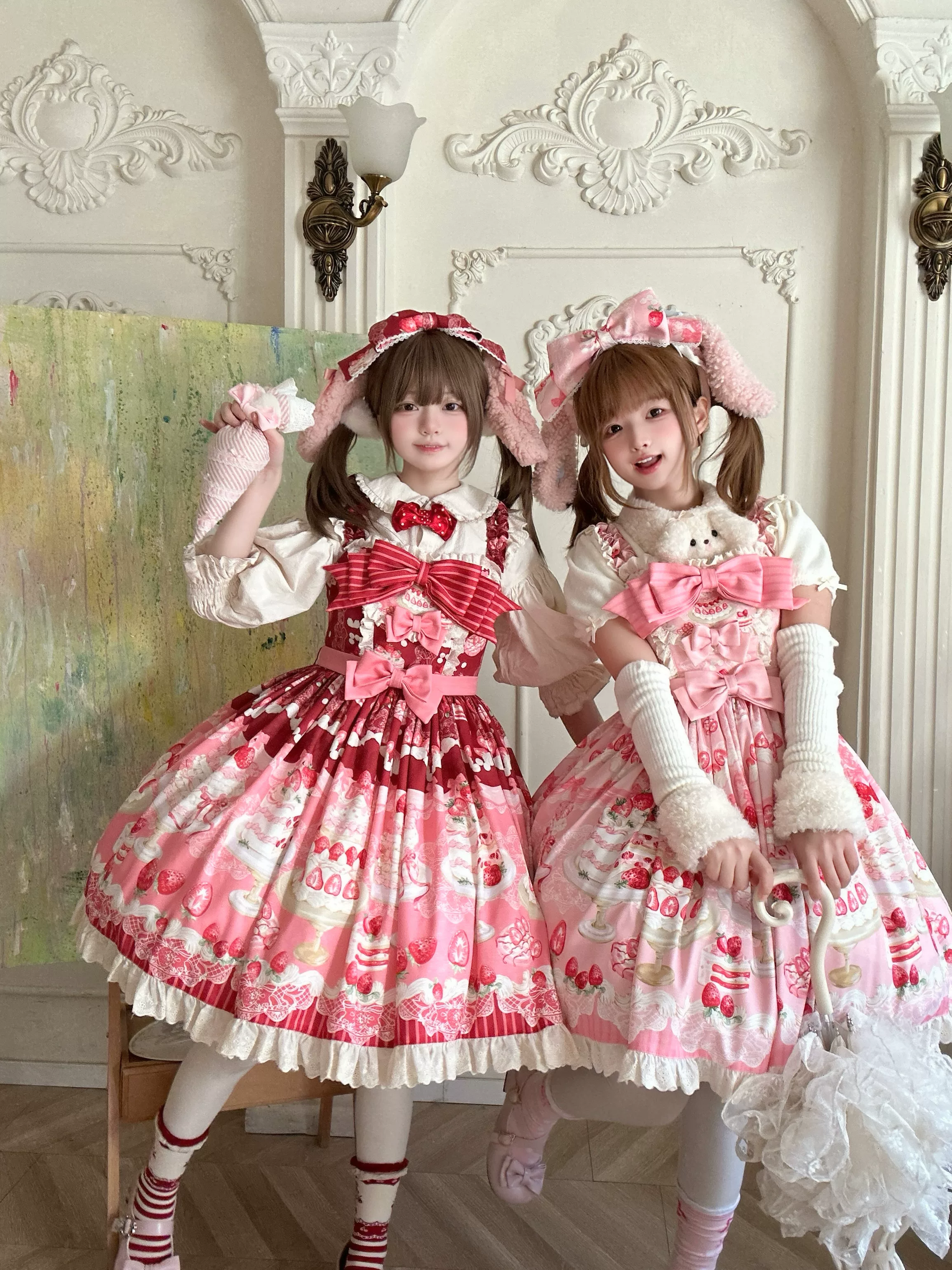 Strawberry Cake - Printed Sweet Lolita JSK Dress, Plush Bunny Ear KC - Image 4