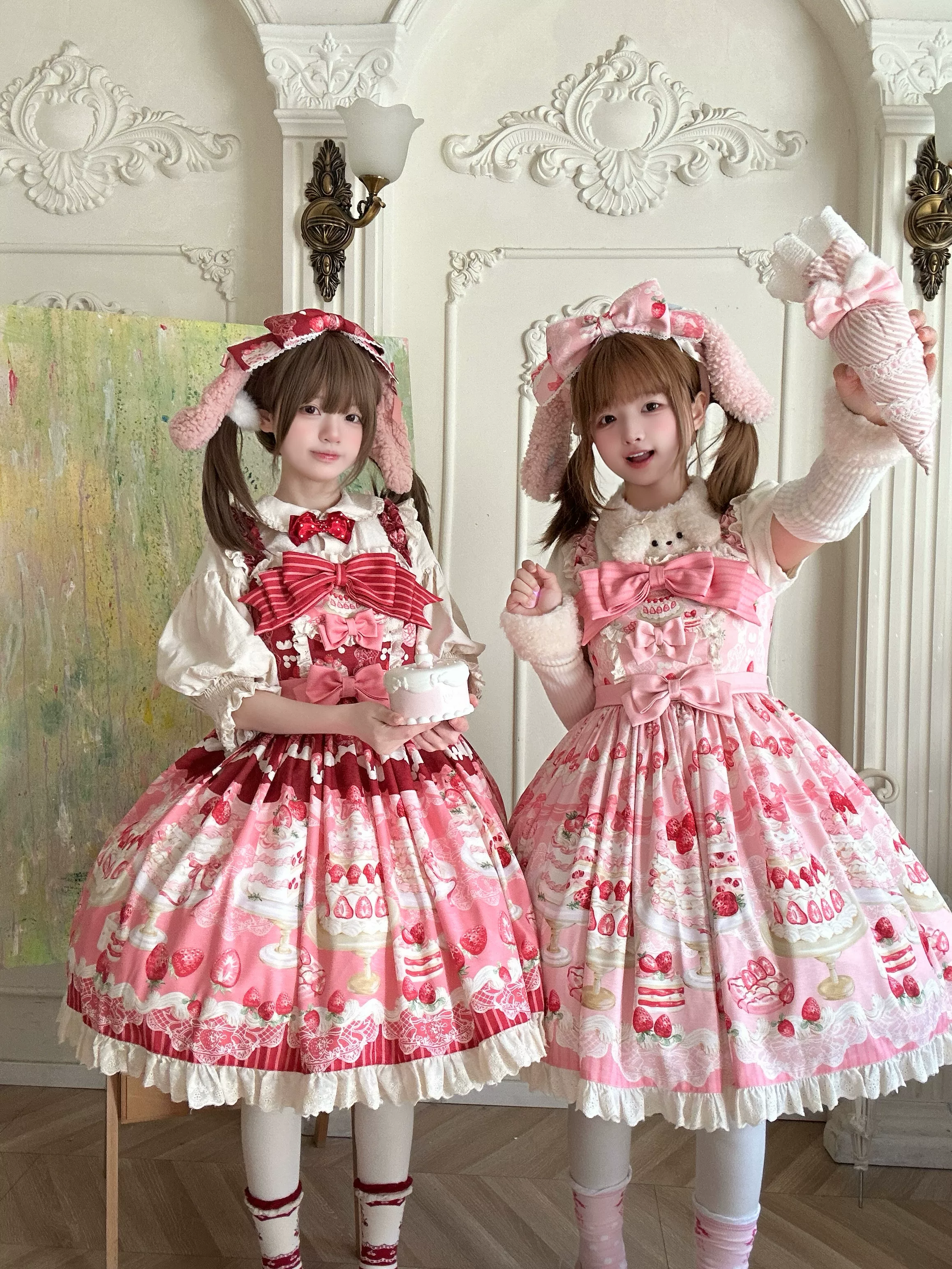 Strawberry Cake - Printed Sweet Lolita JSK Dress, Plush Bunny Ear KC - Image 5