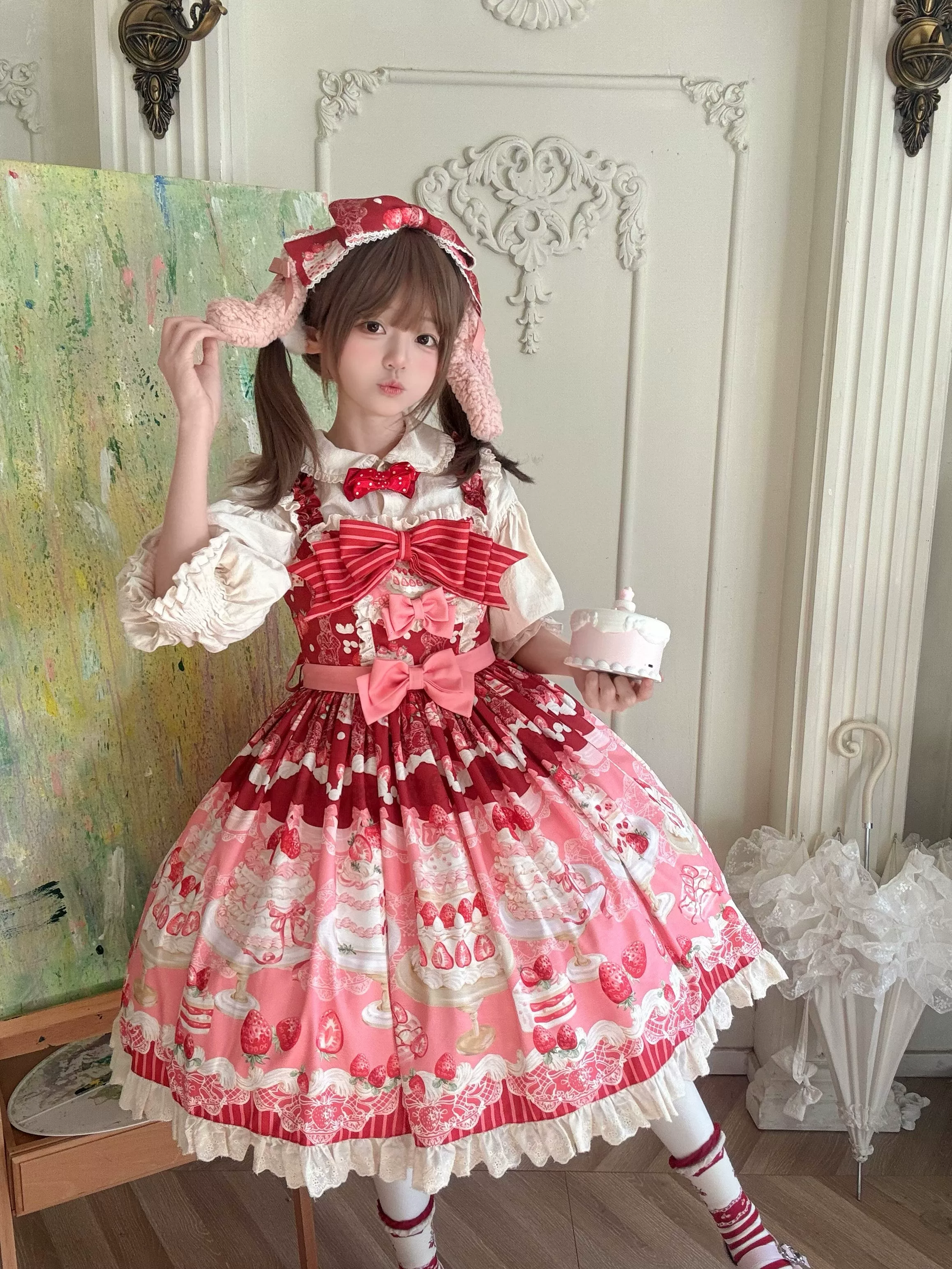 Strawberry Cake - Printed Sweet Lolita JSK Dress, Plush Bunny Ear KC - Image 7