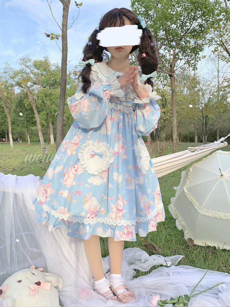 Sweet Soft Bunny - Printed Sweet Lolita OP Dress, Bunny Ears - Image 12