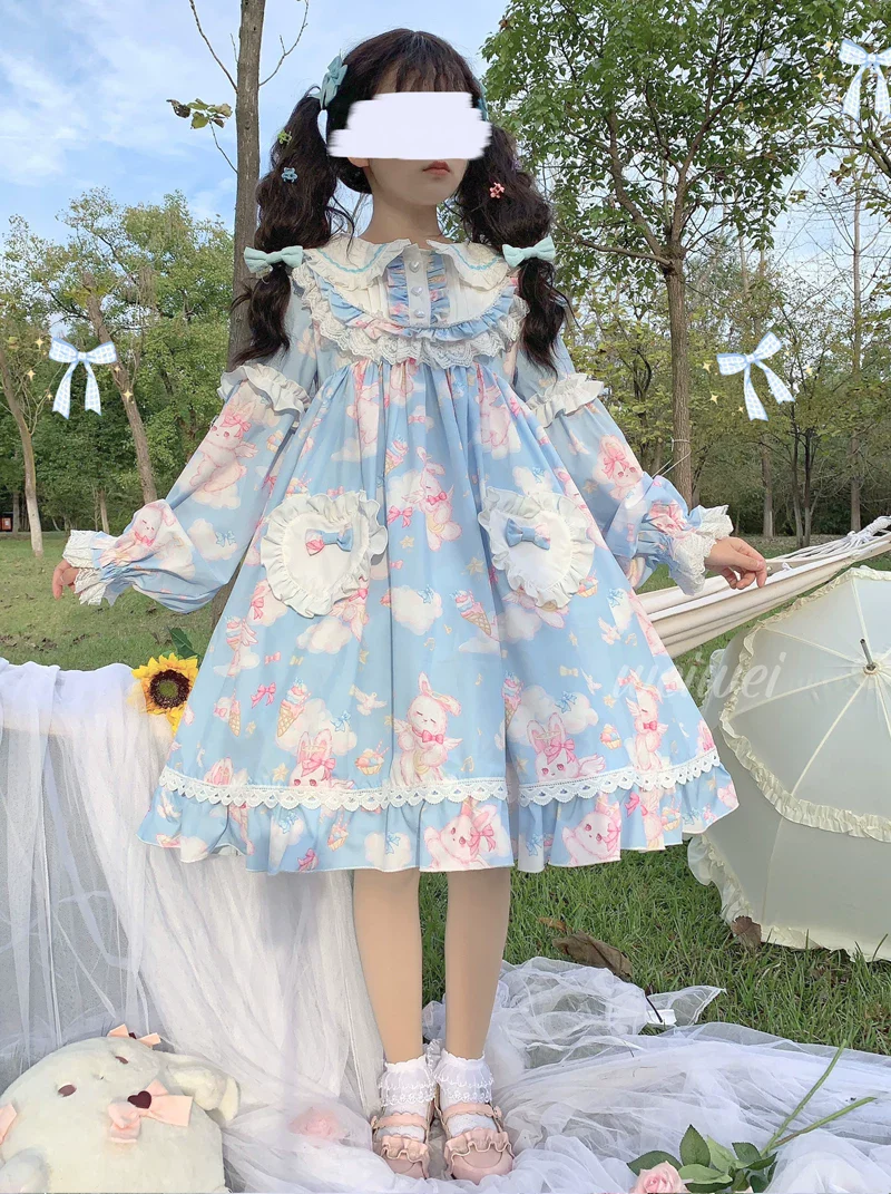 Sweet Soft Bunny - Printed Sweet Lolita OP Dress, Bunny Ears - Image 3