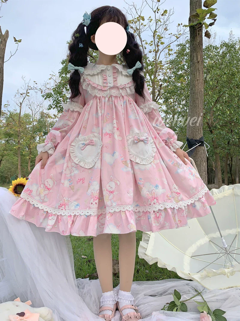 Sweet Soft Bunny - Printed Sweet Lolita OP Dress, Bunny Ears - Image 5