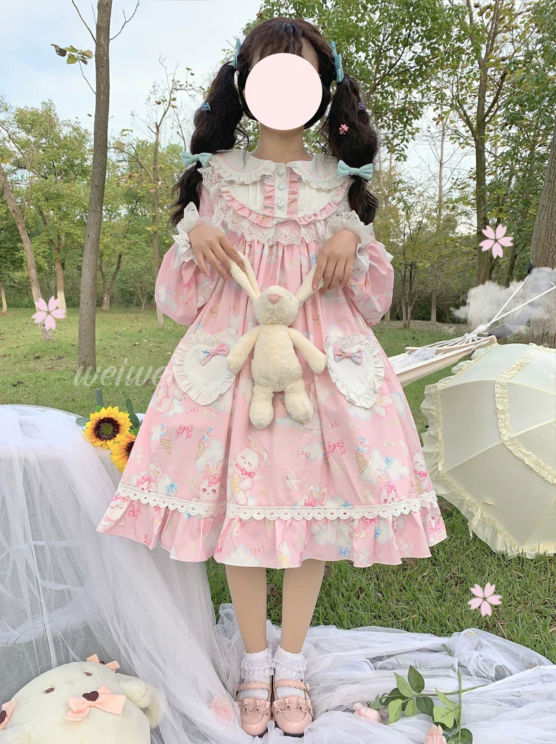 Sweet Soft Bunny - Printed Sweet Lolita OP Dress, Bunny Ears - Image 6