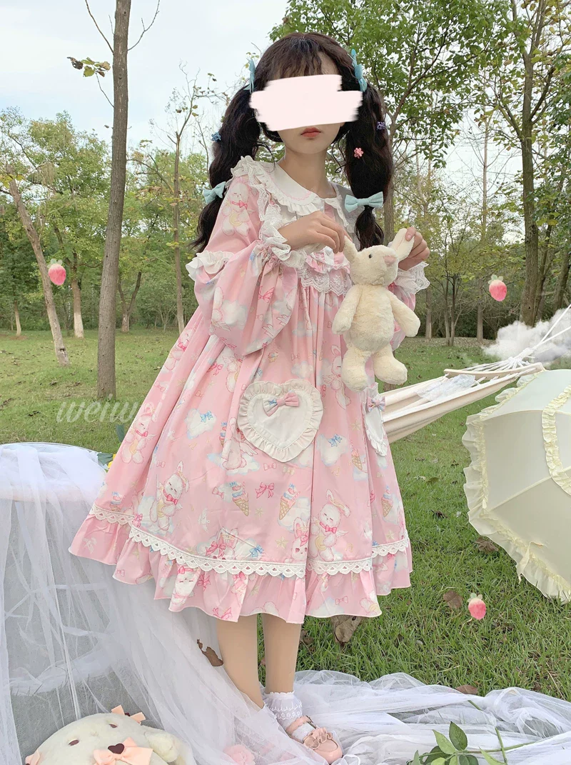 Sweet Soft Bunny - Printed Sweet Lolita OP Dress, Bunny Ears - Image 7