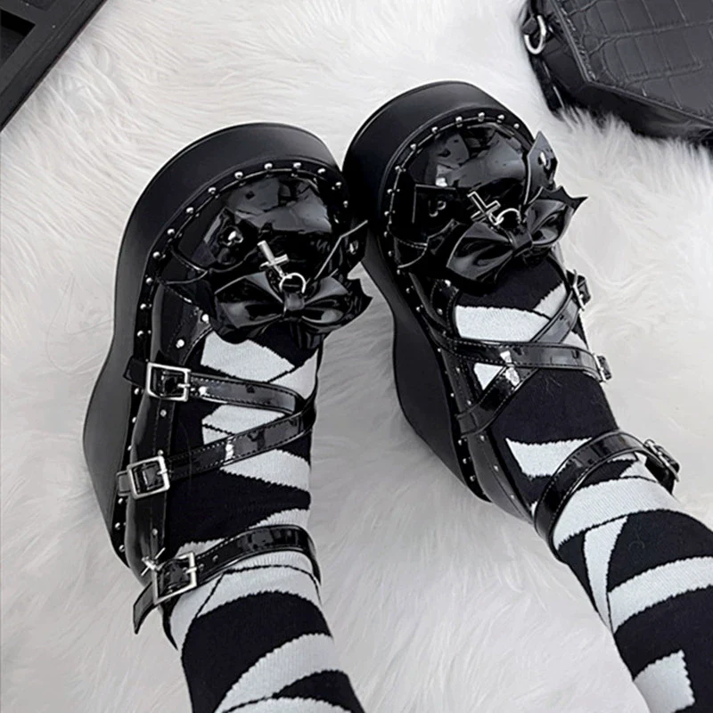 Bondora - Devil Cross - Punk Lolita Shoes Cross High Platforms Shoes - Image 9