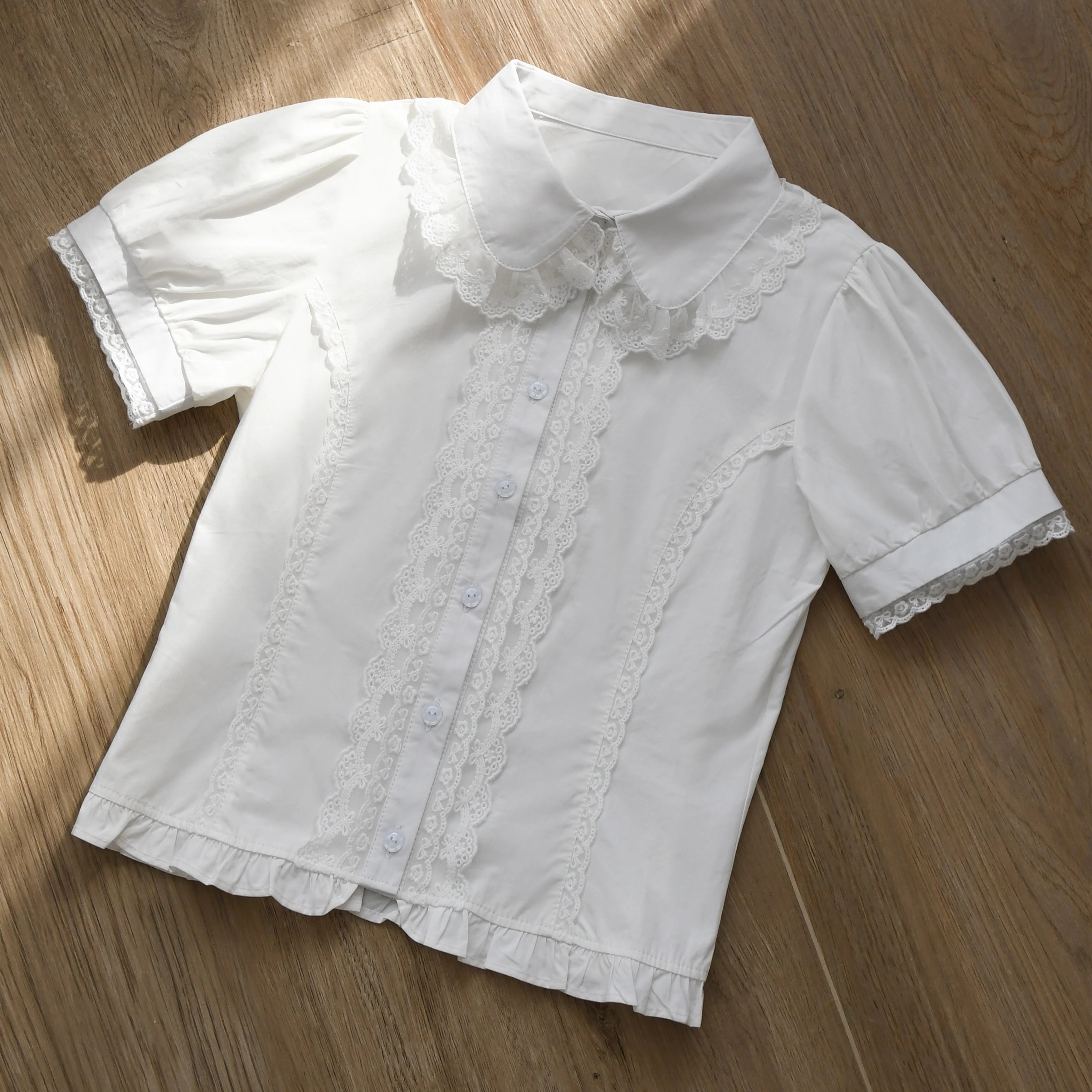 Lily - Cotton Retro Lolita Blouse with Lace Ruffles and Short Sleeve - Image 6