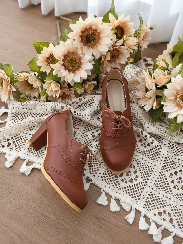 Retro Lolita Heel Shoes Handmade Perforated Strap Leather Shoes - Image 14
