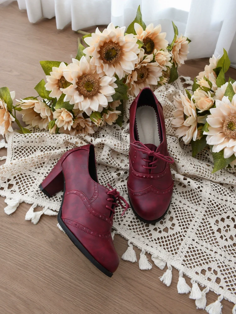 Retro Lolita Heel Shoes Handmade Perforated Strap Leather Shoes - Image 16