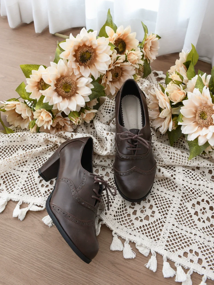 Retro Lolita Heel Shoes Handmade Perforated Strap Leather Shoes - Image 18