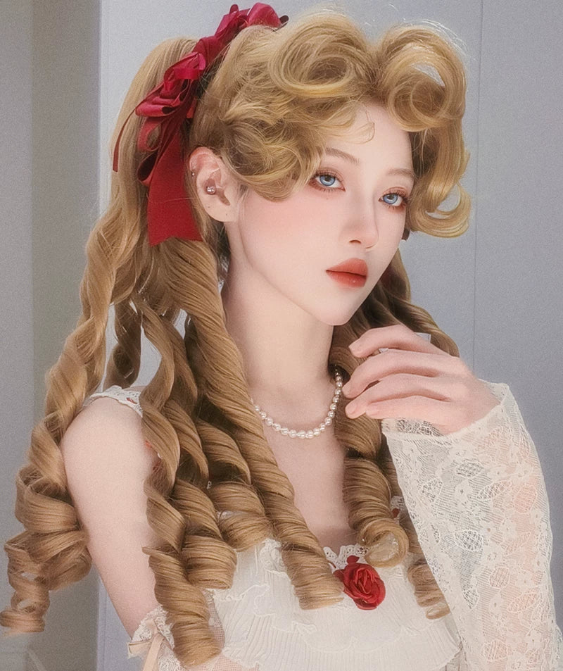 Retro Lolita Roman Roll Wig, Detachable Ponytails - Image 11