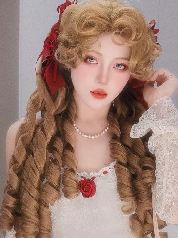 Retro Lolita Roman Roll Wig, Detachable Ponytails - Image 12