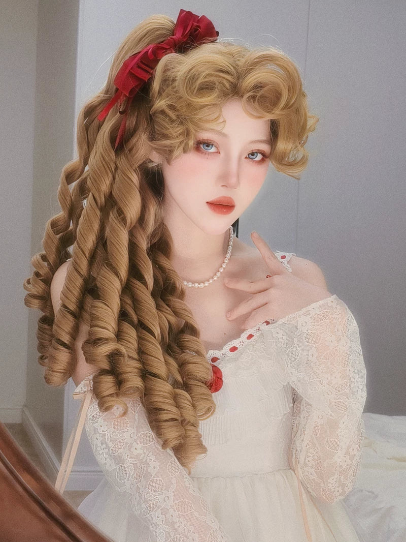 Retro Lolita Roman Roll Wig, Detachable Ponytails - Image 4