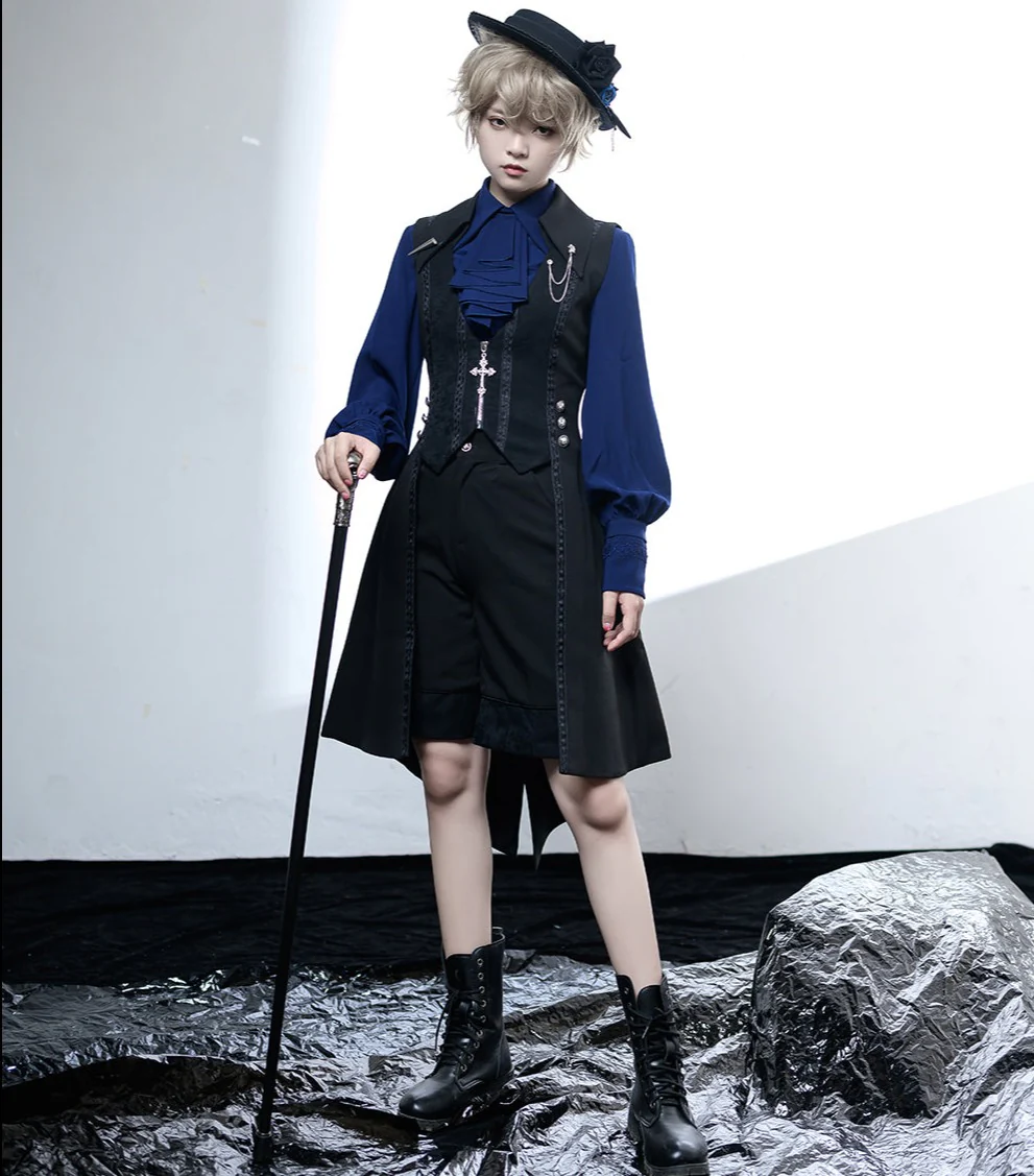 Black and Blue - Retro Ouji Lolita Shirt, Mutton Sleeves - Image 28