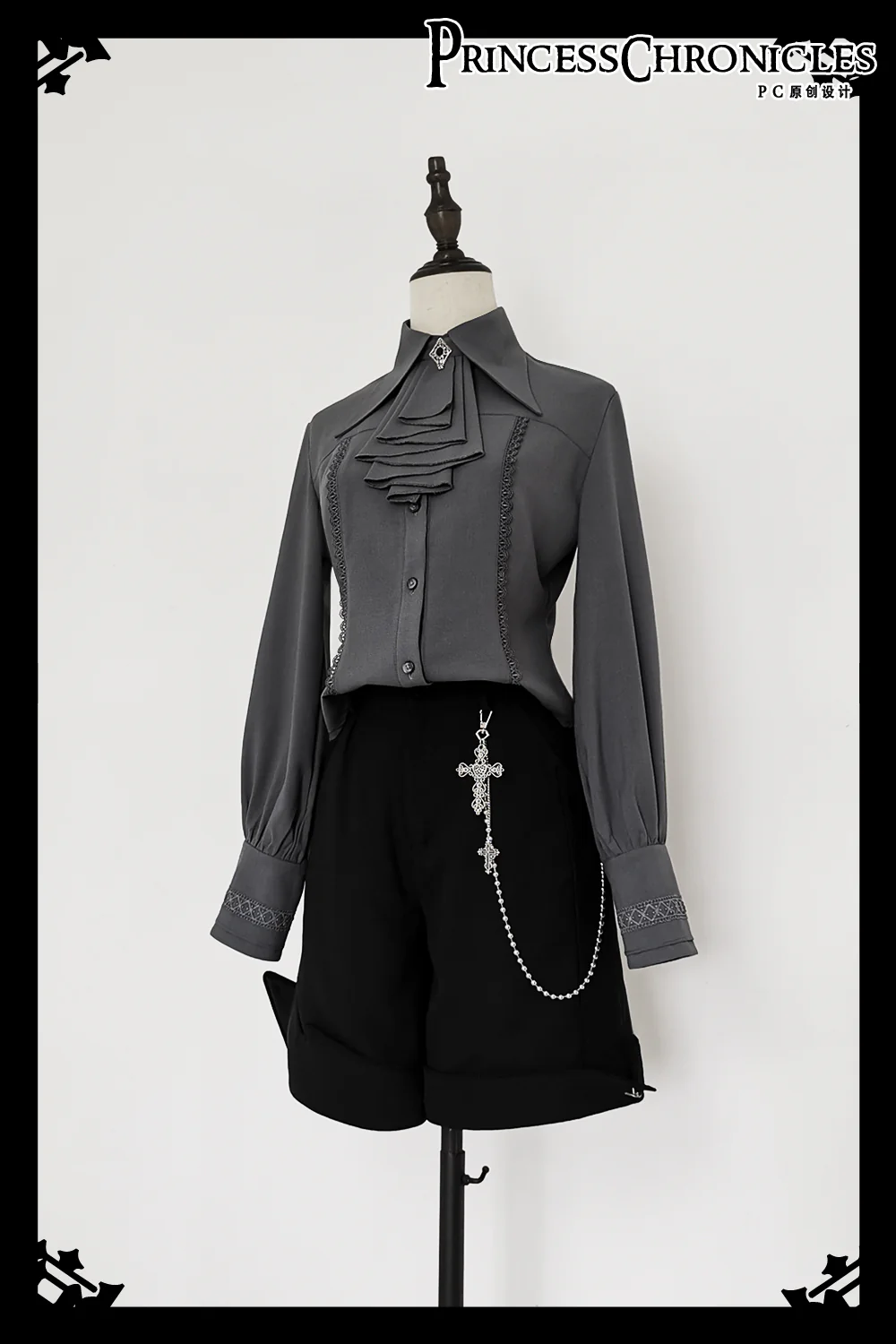 Black and Blue - Retro Ouji Lolita Shirt, Mutton Sleeves - Image 5