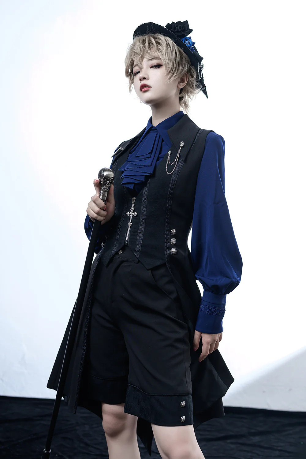 Black and Blue - Retro Ouji Lolita Shirt, Mutton Sleeves - Image 8