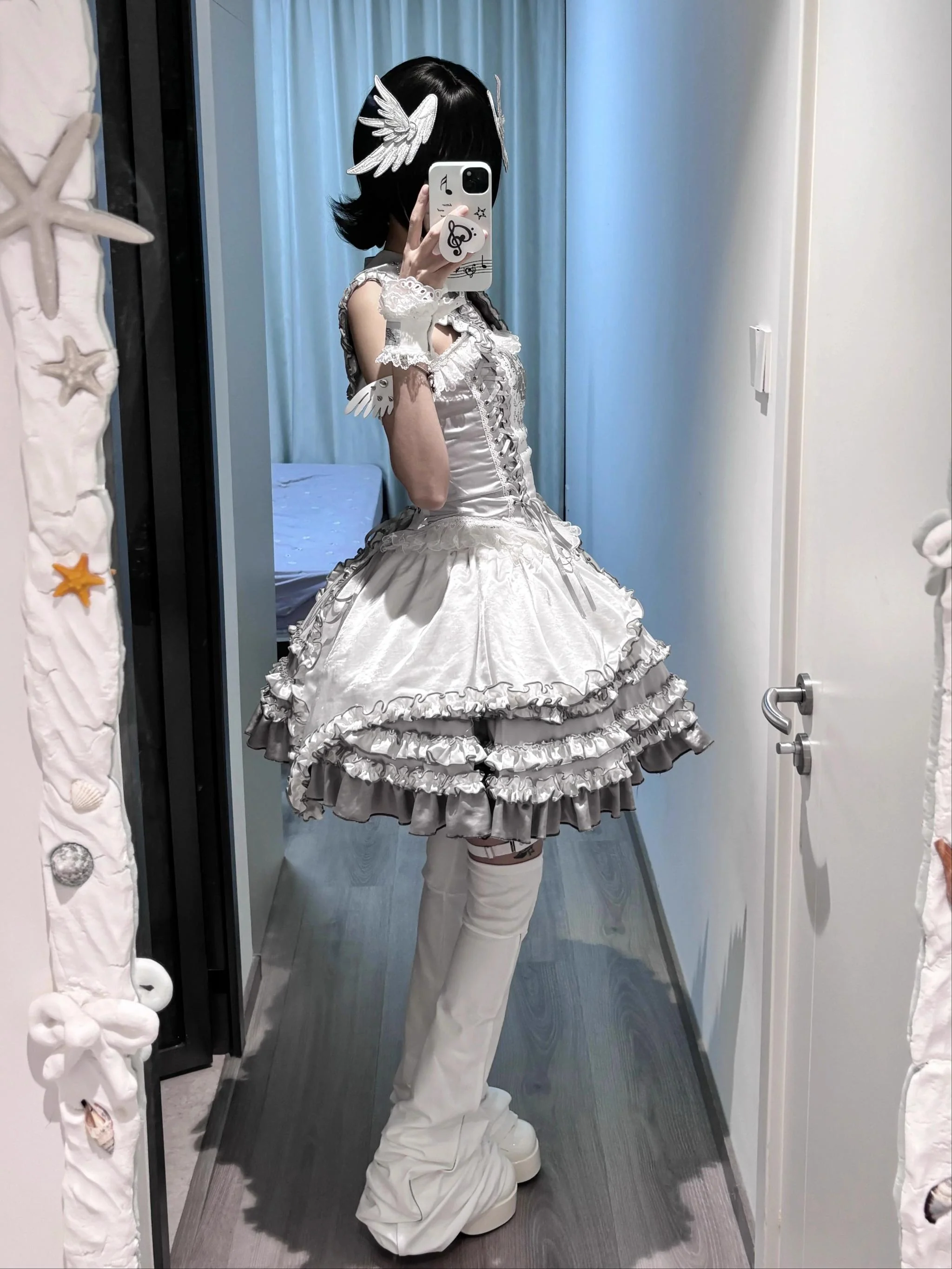 LustrE - Metallic Angel - Silver-white Punk Lolita JSK, Wing and Rhinestone Details - Image 10
