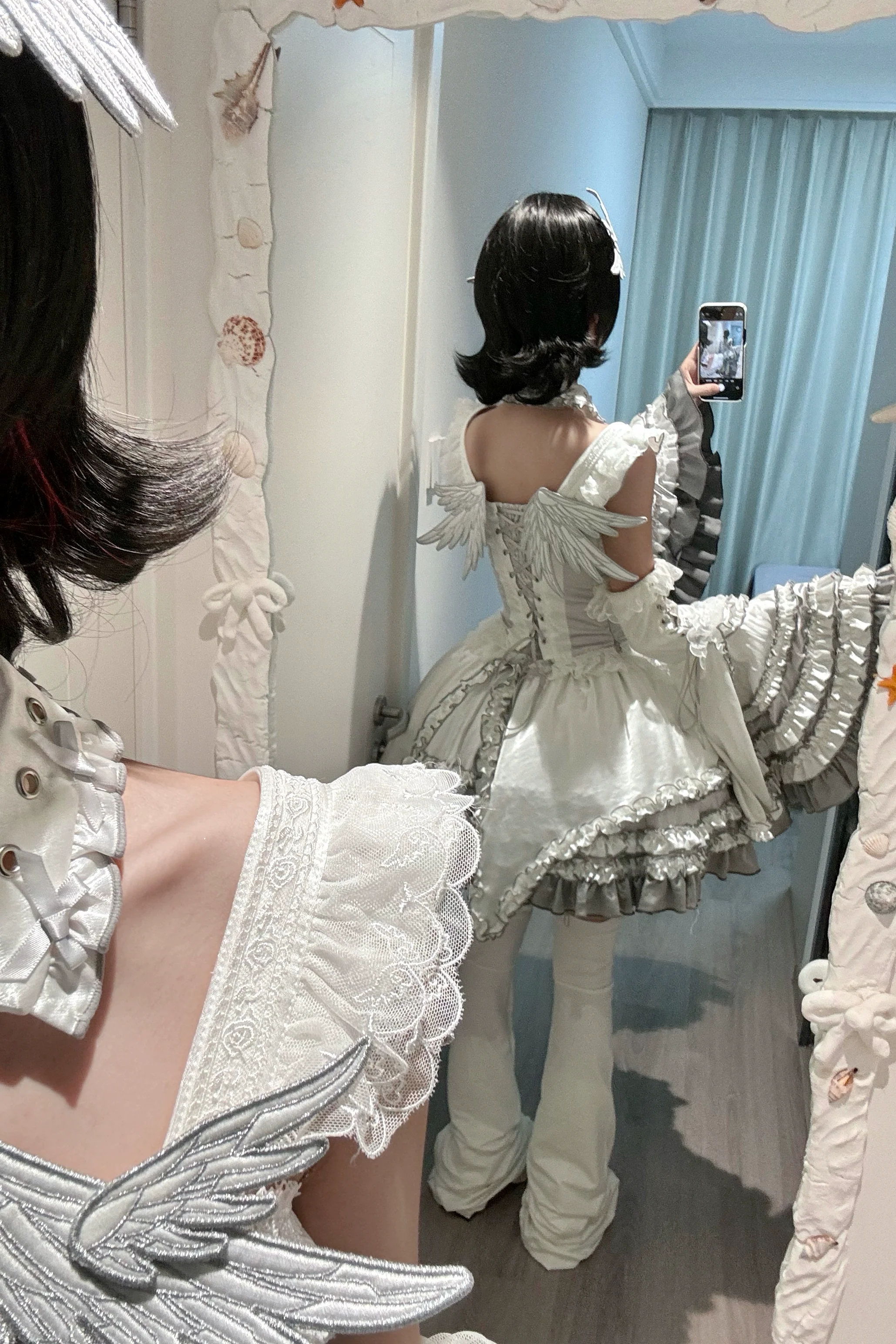 LustrE - Metallic Angel - Silver-white Punk Lolita JSK, Wing and Rhinestone Details - Image 11