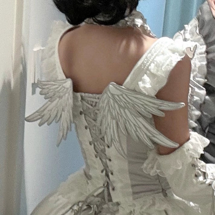 LustrE - Metallic Angel - Silver-white Punk Lolita JSK, Wing and Rhinestone Details - Image 12