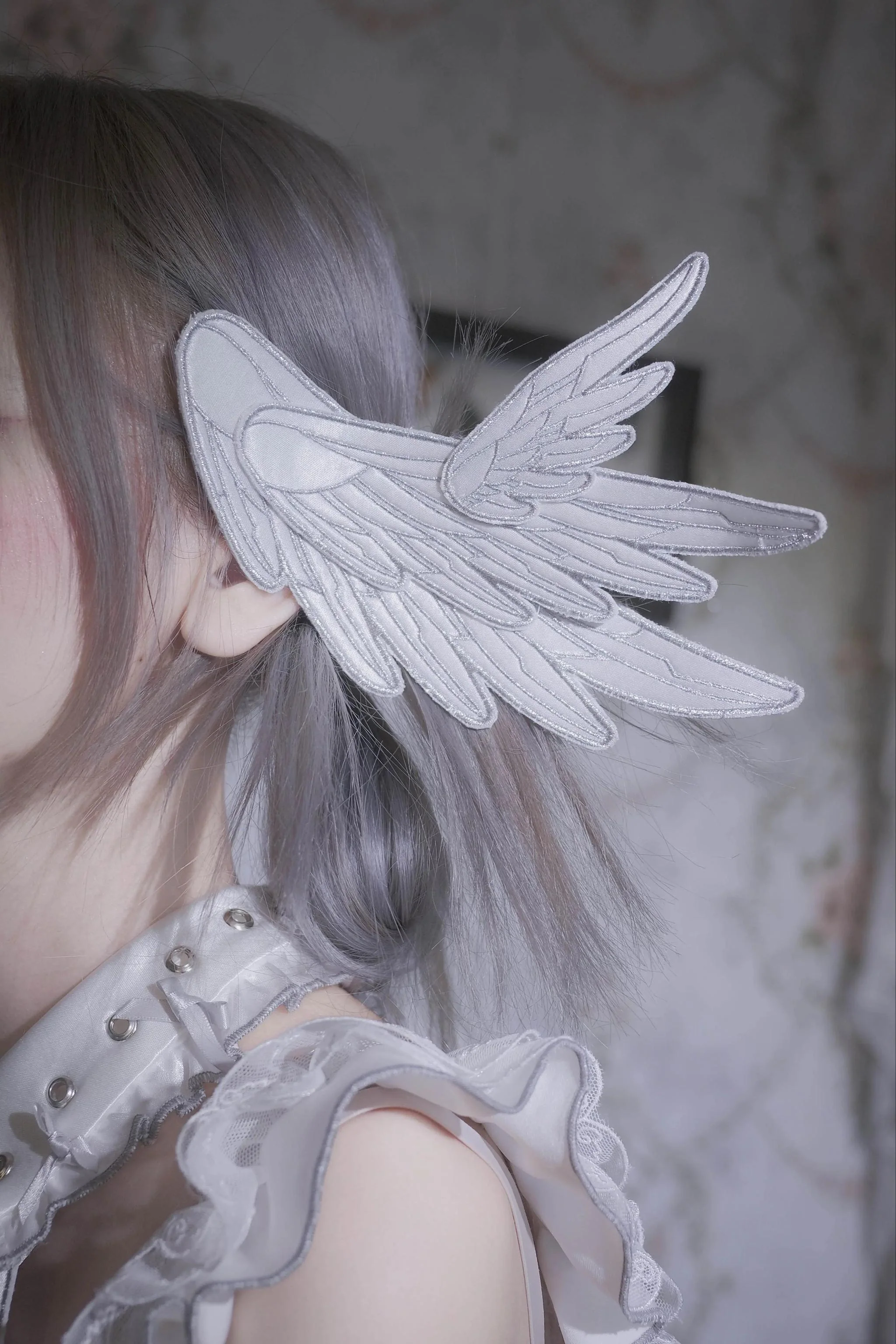 LustrE - Metallic Angel - Silver-white Punk Lolita JSK, Wing and Rhinestone Details - Image 14