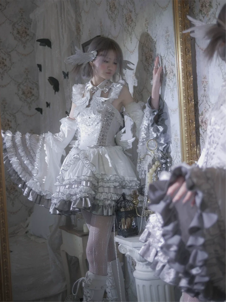 LustrE - Metallic Angel - Silver-white Punk Lolita JSK, Wing and Rhinestone Details - Image 3