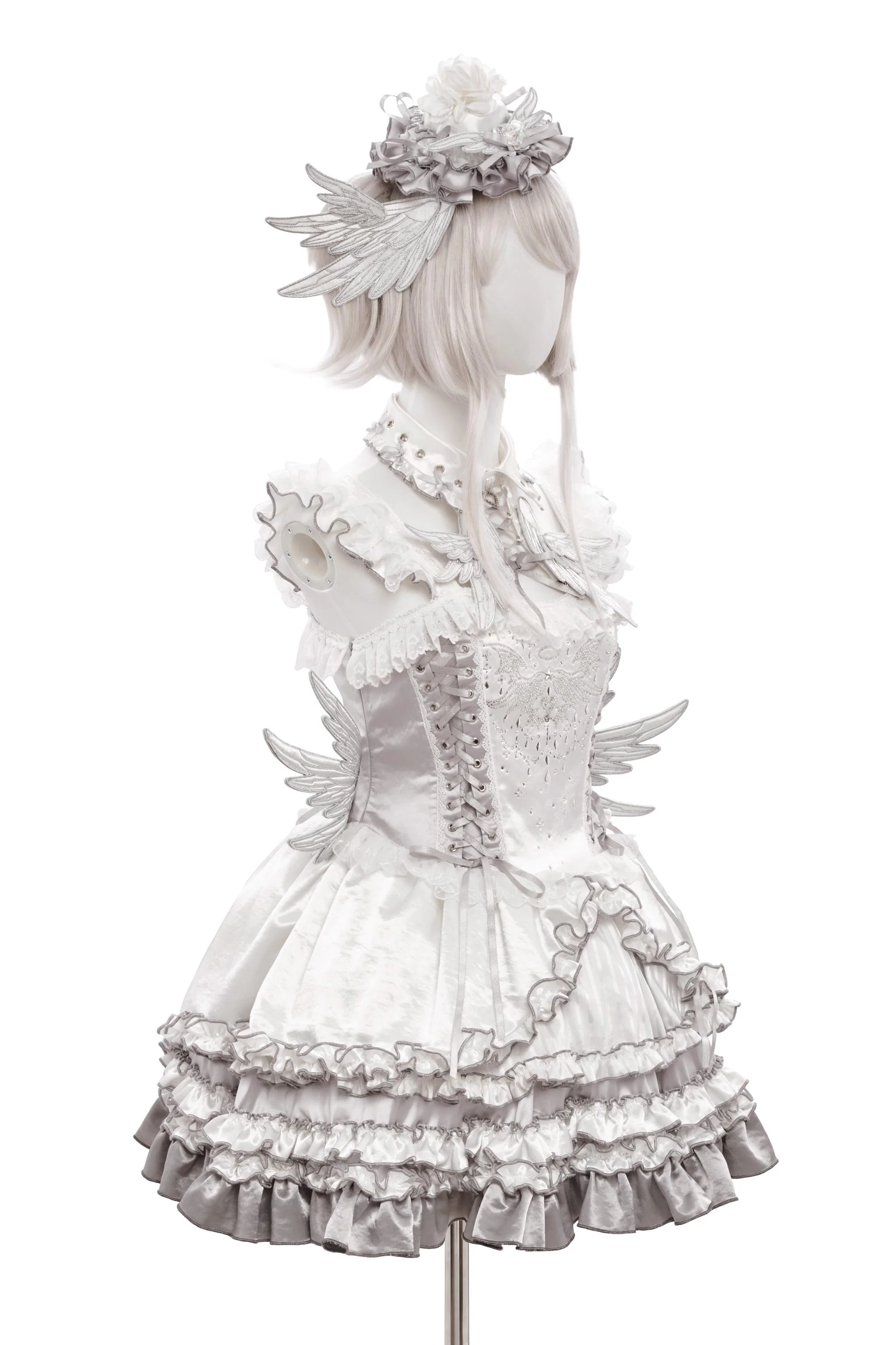LustrE - Metallic Angel - Silver-white Punk Lolita JSK, Wing and Rhinestone Details - Image 32