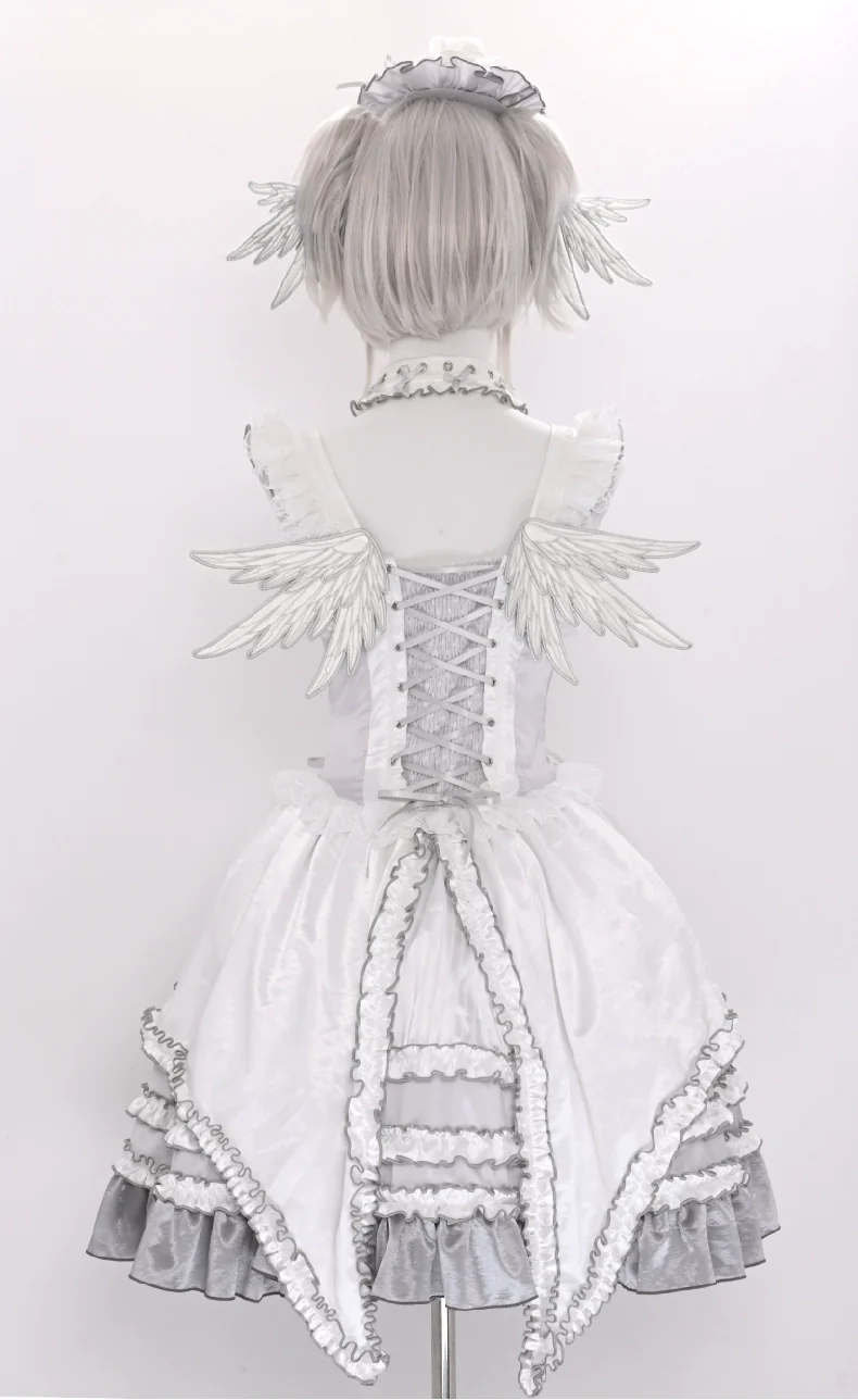 LustrE - Metallic Angel - Silver-white Punk Lolita JSK, Wing and Rhinestone Details - Image 33