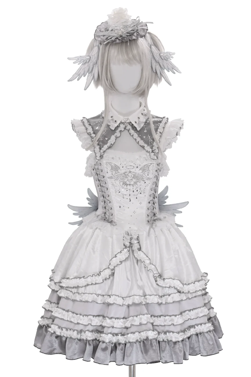 LustrE - Metallic Angel - Silver-white Punk Lolita JSK, Wing and Rhinestone Details - Image 35