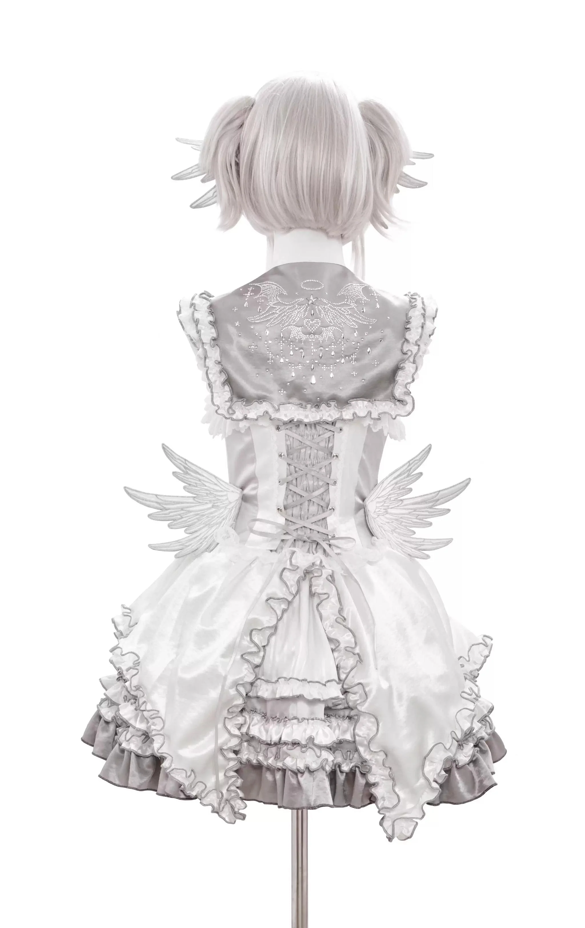 LustrE - Metallic Angel - Silver-white Punk Lolita JSK, Wing and Rhinestone Details - Image 36