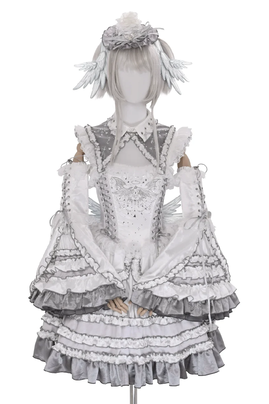 LustrE - Metallic Angel - Silver-white Punk Lolita JSK, Wing and Rhinestone Details - Image 38