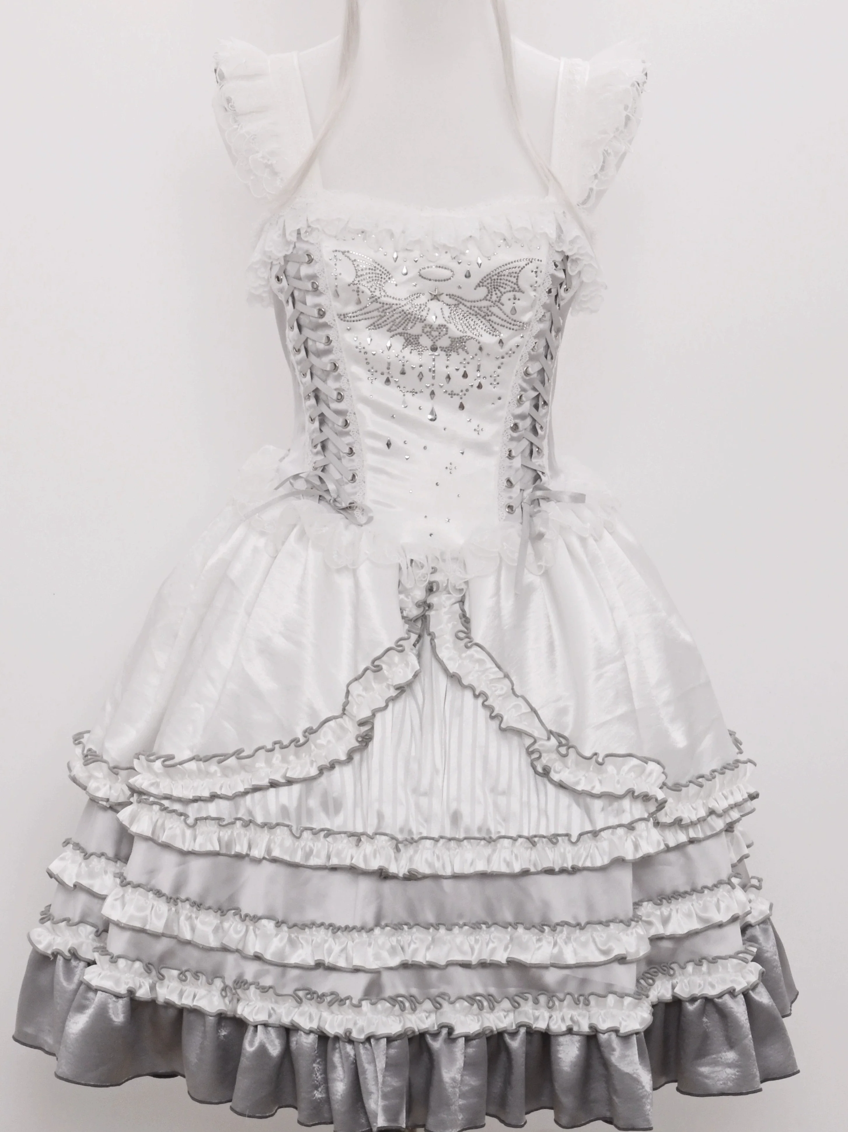 LustrE - Metallic Angel - Silver-white Punk Lolita JSK, Wing and Rhinestone Details - Image 39