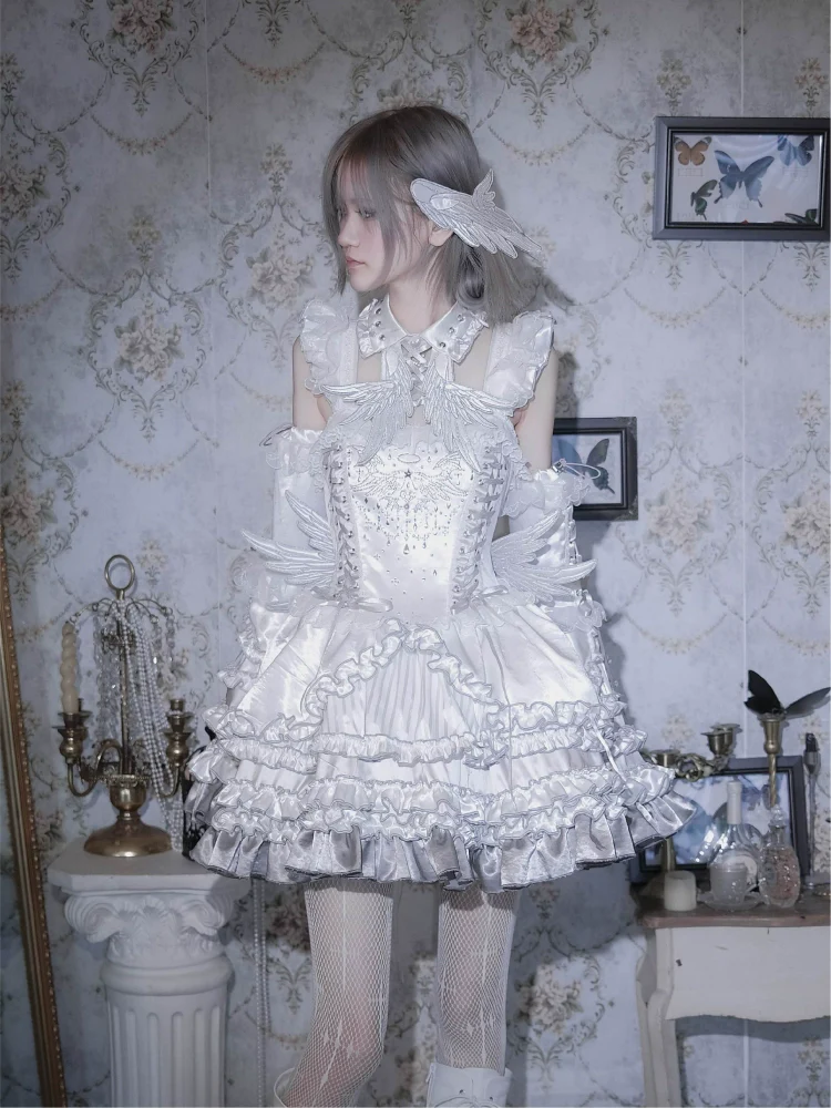 LustrE - Metallic Angel - Silver-white Punk Lolita JSK, Wing and Rhinestone Details - Image 4