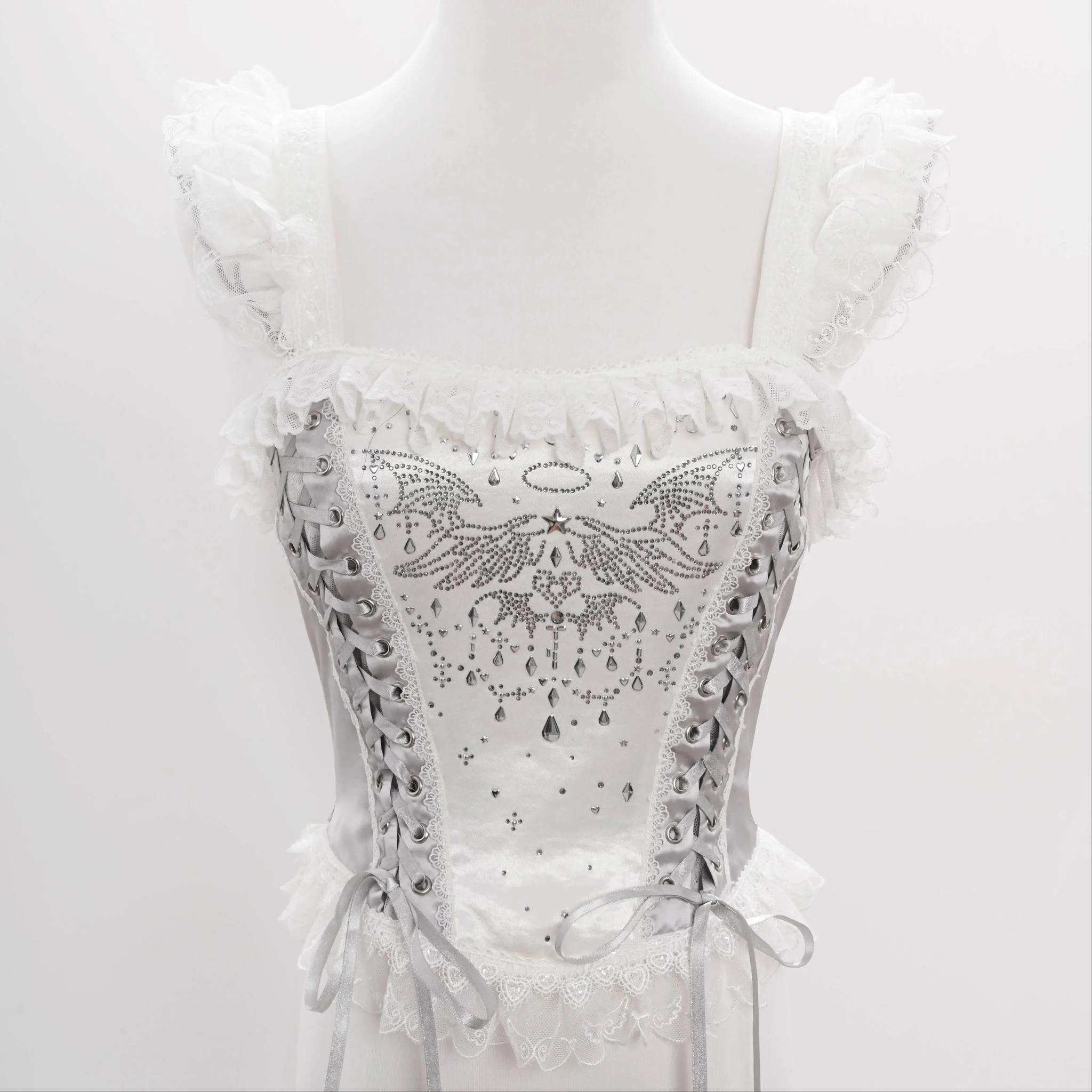 LustrE - Metallic Angel - Silver-white Punk Lolita JSK, Wing and Rhinestone Details - Image 40