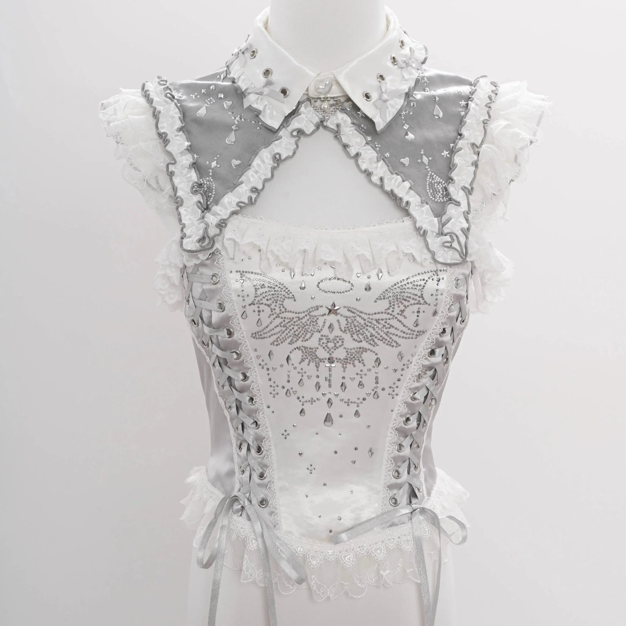 LustrE - Metallic Angel - Silver-white Punk Lolita JSK, Wing and Rhinestone Details - Image 42