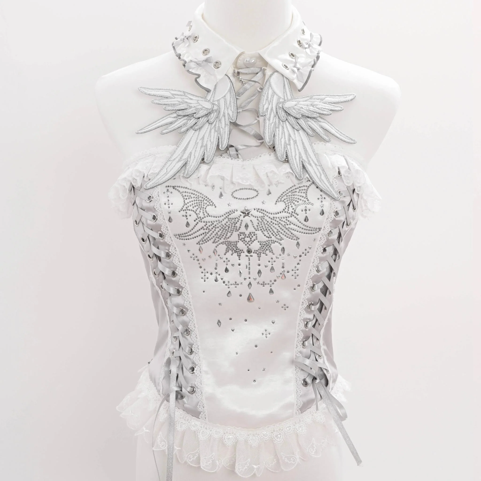 LustrE - Metallic Angel - Silver-white Punk Lolita JSK, Wing and Rhinestone Details - Image 43