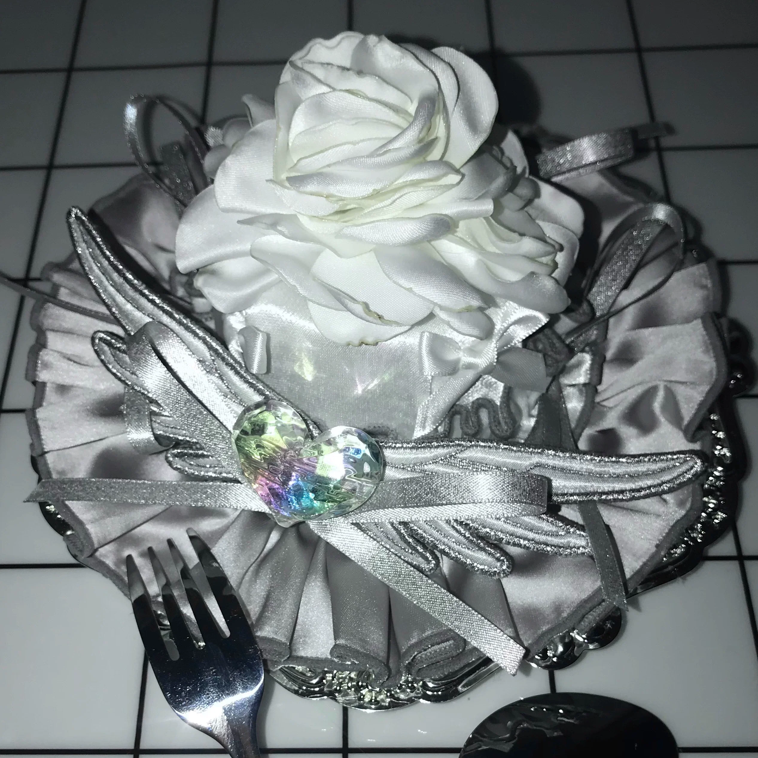 LustrE - Metallic Angel - Silver-white Punk Lolita JSK, Wing and Rhinestone Details - Image 48