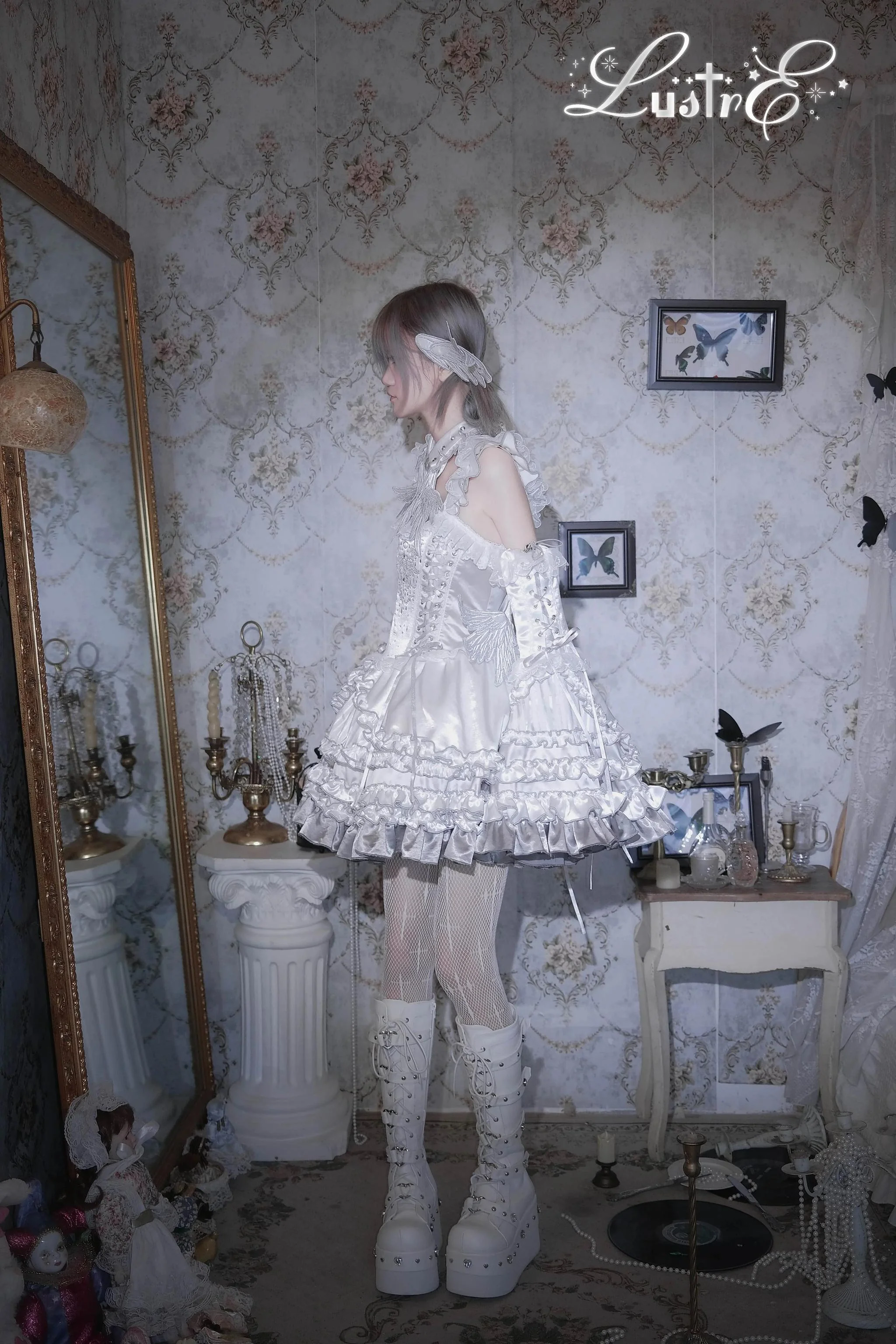 LustrE - Metallic Angel - Silver-white Punk Lolita JSK, Wing and Rhinestone Details - Image 5