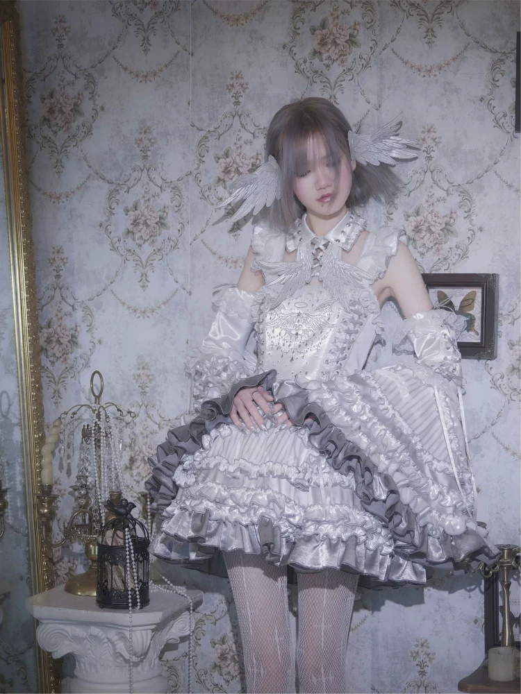LustrE - Metallic Angel - Silver-white Punk Lolita JSK, Wing and Rhinestone Details - Image 6