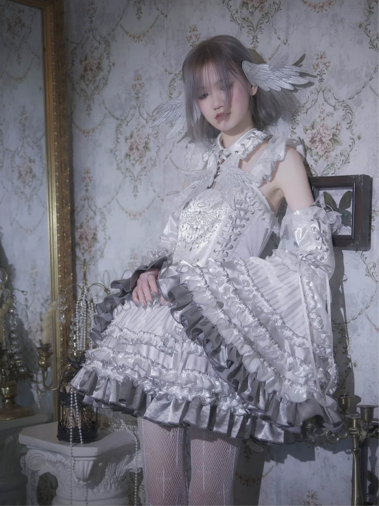 LustrE - Metallic Angel - Silver-white Punk Lolita JSK, Wing and Rhinestone Details - Image 7